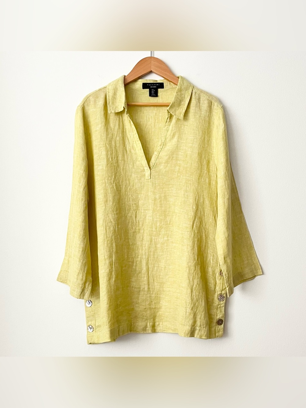 Tahari Women's 100% Linen Blouse Top Size S Yellow Green 3/4 Sleeve Resortwear
